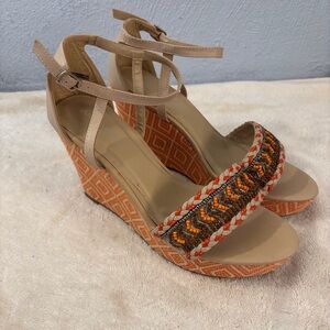 Ashley Stewart Orange and Tan Wedge Mules Clogs SZ 10 W Tribal Design Boho Chic